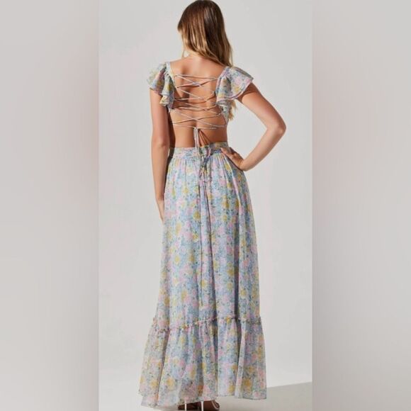 New ASTER the label revolve Primrose Floral Strappy Back Maxi Dress blue pink - Picture 2 of 10